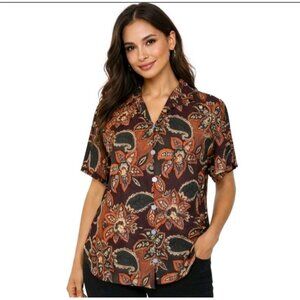 Amanda Smith Petite Pure Silk Blouse PM Paisley Floral Button Front Brown